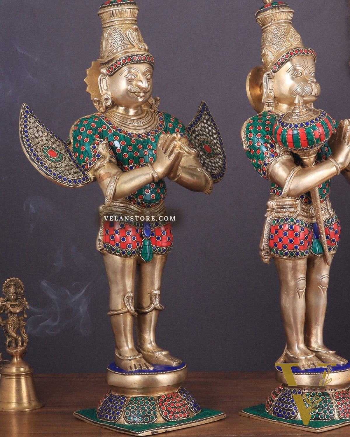 Pure Brass Lord Hanuman and Garuda Statue pair 22" meenakari
