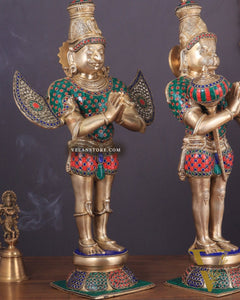 Pure Brass Lord Hanuman and Garuda Statue pair 22" meenakari