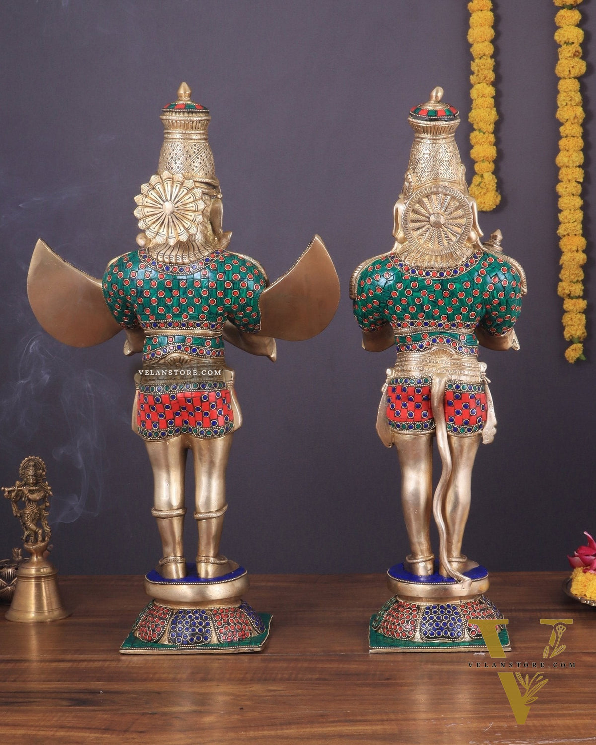 Pure Brass Lord Hanuman and Garuda Statue pair 22" meenakari