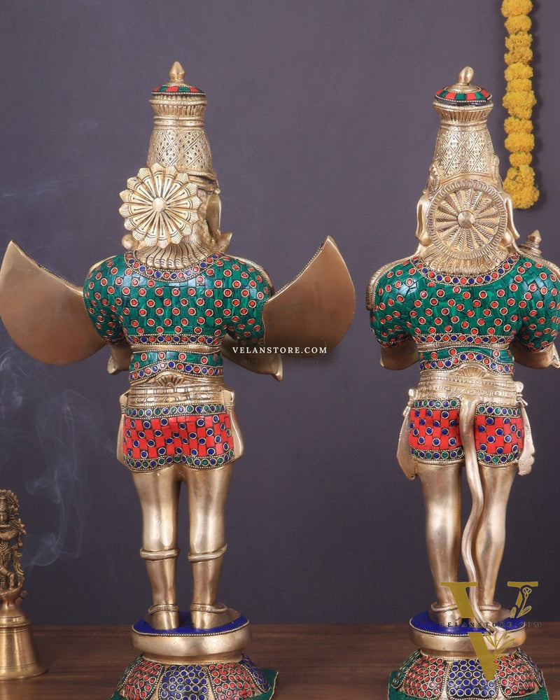 Pure Brass Lord Hanuman and Garuda Statue pair 22" meenakari
