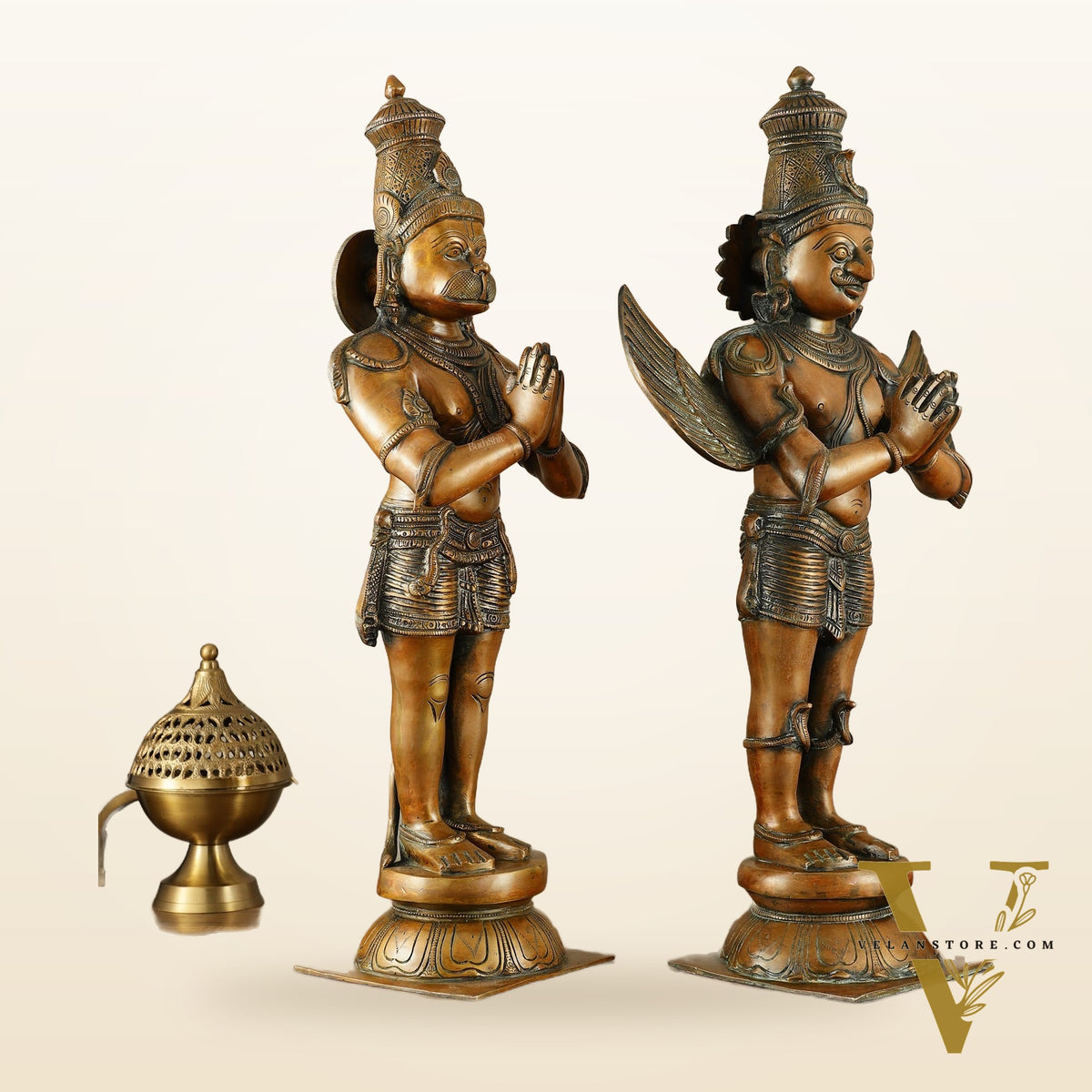 Pure Brass Lord Hanuman and Garuda Statue pair 22" vintage bronze tone