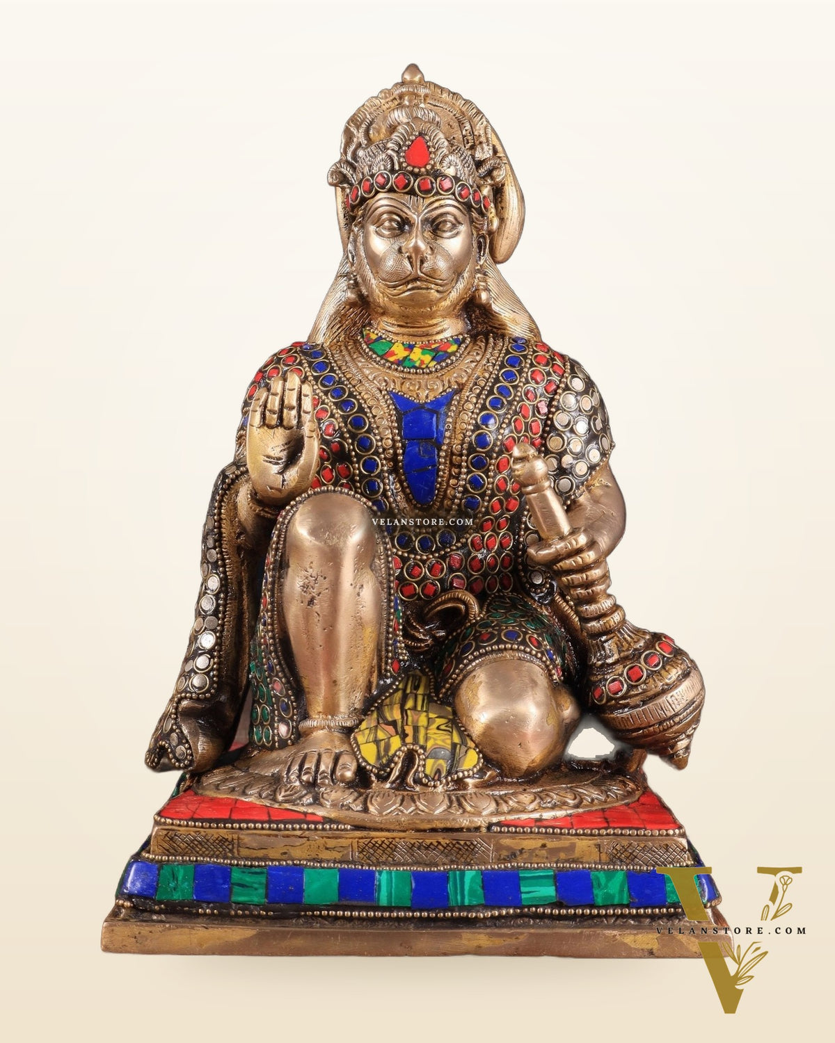 Pure Brass Lord Hanuman blessing Idol 10" with stonework