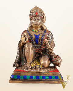 Pure Brass Lord Hanuman blessing Idol 10" with stonework