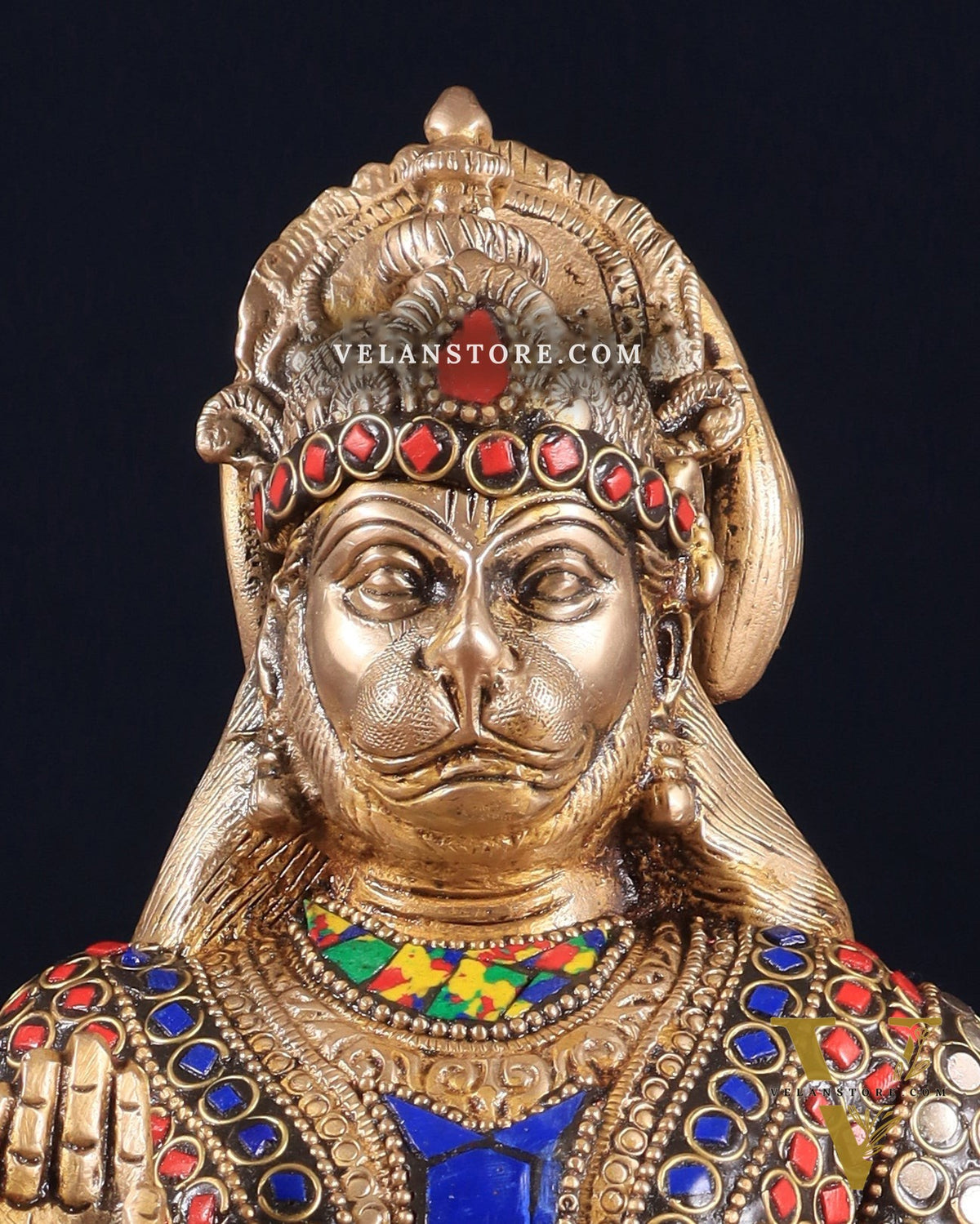 Pure Brass Lord Hanuman blessing Idol 10" with stonework