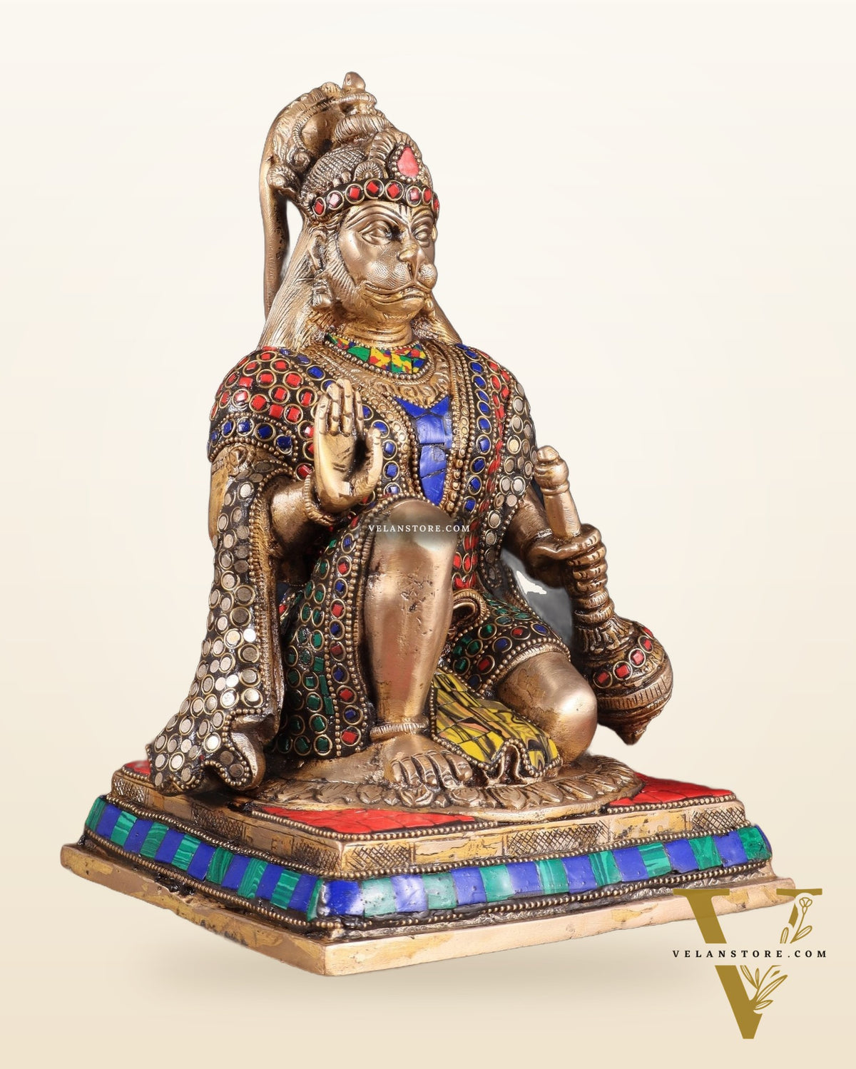 Pure Brass Lord Hanuman blessing Idol 10" with stonework