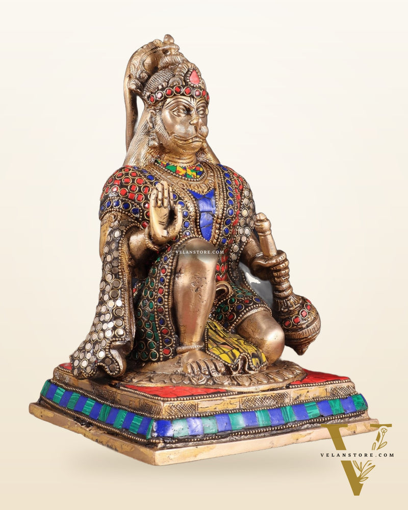 Pure Brass Lord Hanuman blessing Idol 10" with stonework