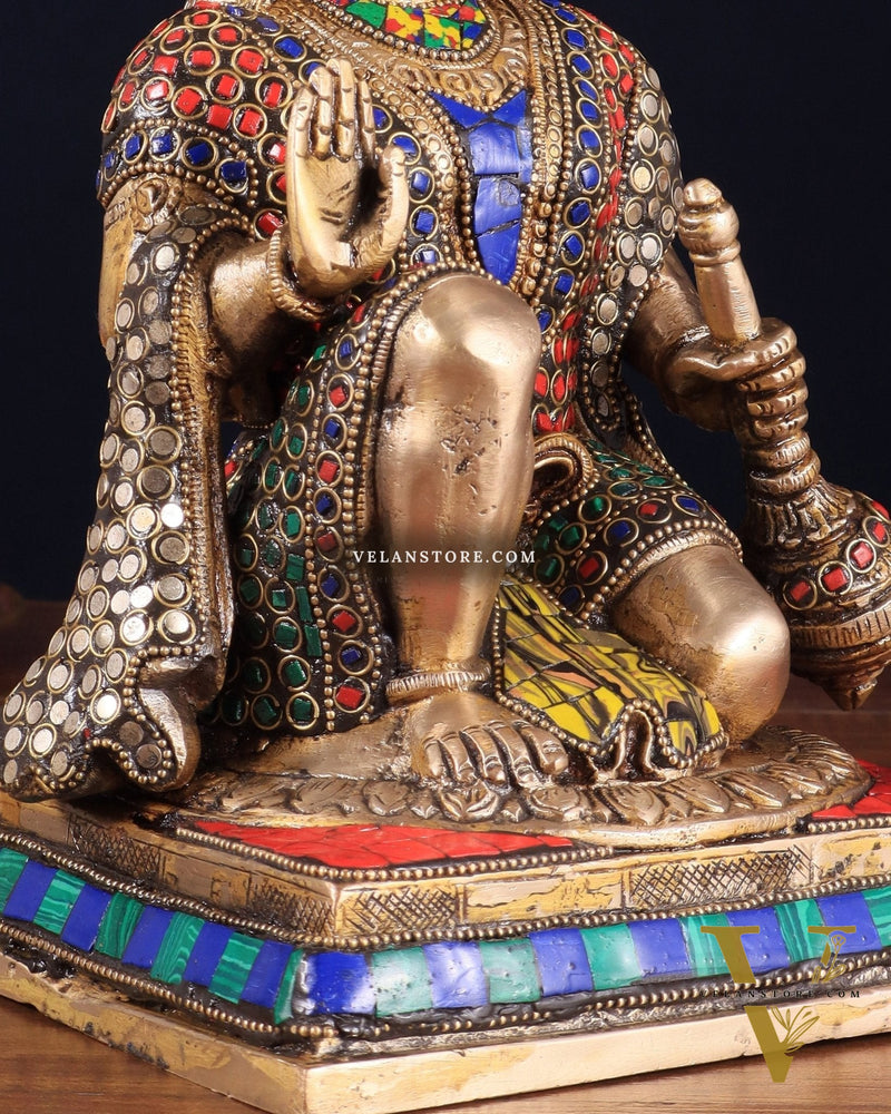 Pure Brass Lord Hanuman blessing Idol 10" with stonework