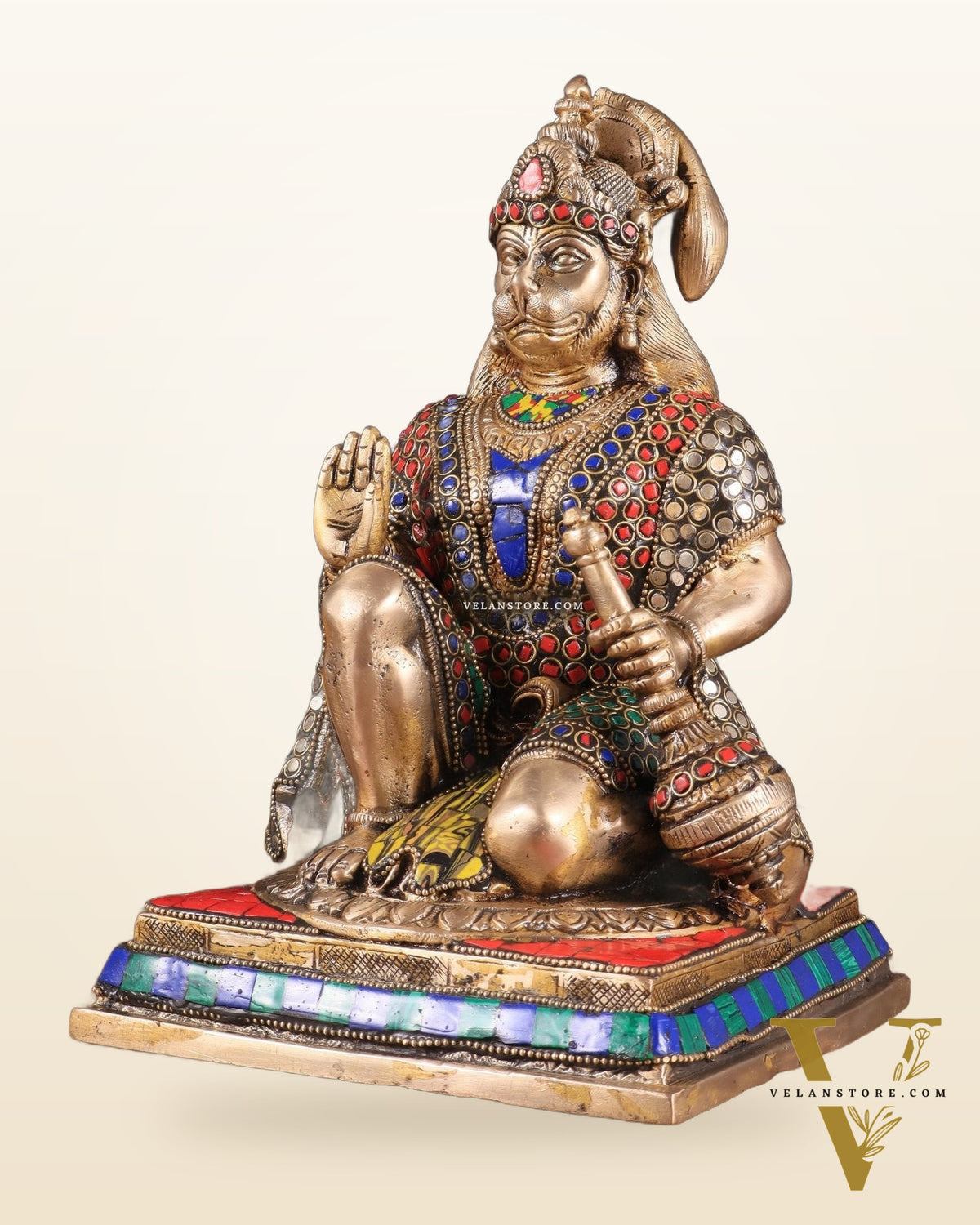 Pure Brass Lord Hanuman blessing Idol 10" with stonework