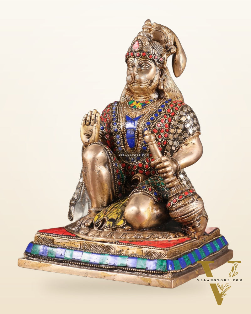 Pure Brass Lord Hanuman blessing Idol 10" with stonework