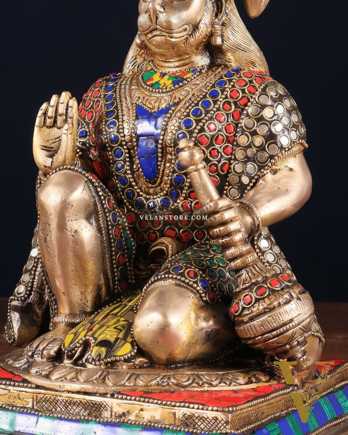 Pure Brass Lord Hanuman blessing Idol 10" with stonework