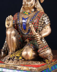 Pure Brass Lord Hanuman blessing Idol 10" with stonework