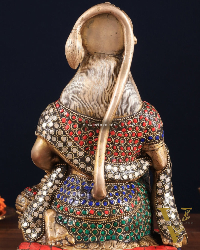 Pure Brass Lord Hanuman blessing Idol 10" with stonework