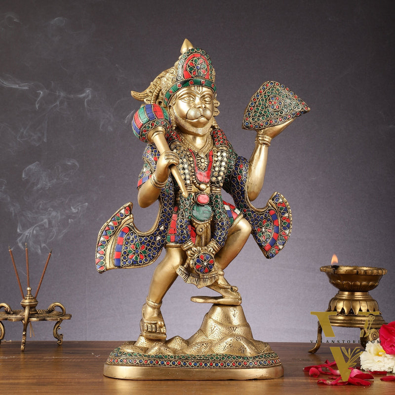 Pure Brass Lord Hanuman Sanjeevani Mountain Statue with Stonework - 15 inch