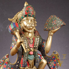 Pure Brass Lord Hanuman Sanjeevani Mountain Statue with Stonework - 15 inch