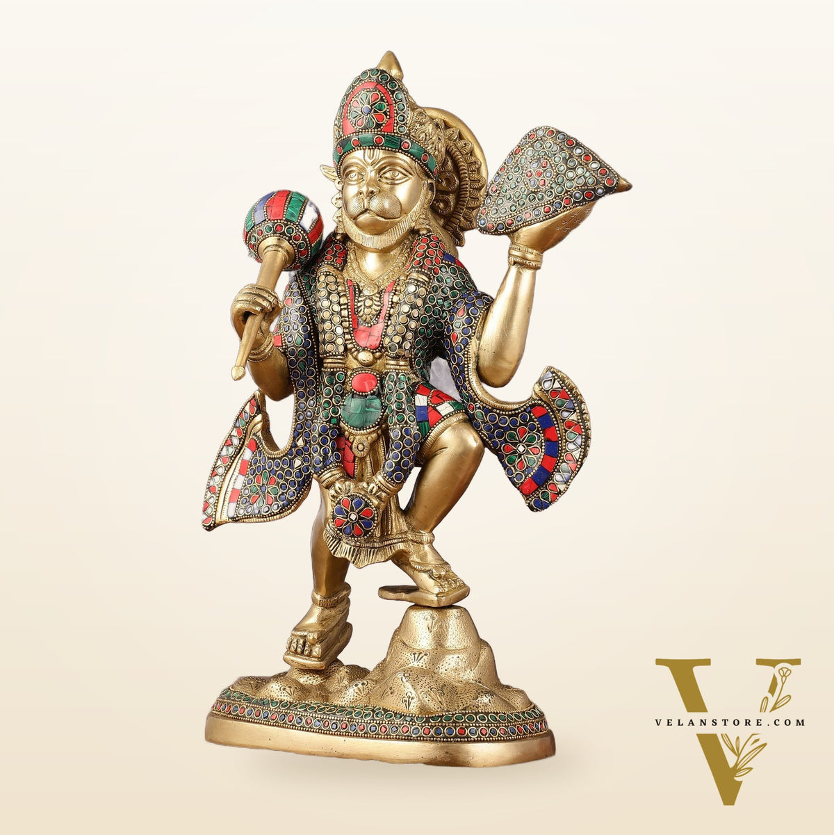 Pure Brass Lord Hanuman Sanjeevani Mountain Statue with Stonework - 15 inch