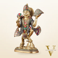 Pure Brass Lord Hanuman Sanjeevani Mountain Statue with Stonework - 15 inch
