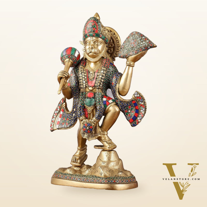 Pure Brass Lord Hanuman Sanjeevani Mountain Statue with Stonework - 15 inch