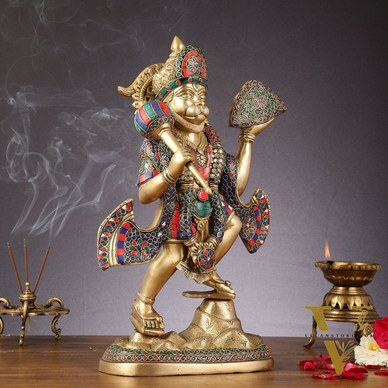 Pure Brass Lord Hanuman Sanjeevani Mountain Statue with Stonework - 15 inch