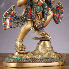 Pure Brass Lord Hanuman Sanjeevani Mountain Statue with Stonework - 15 inch