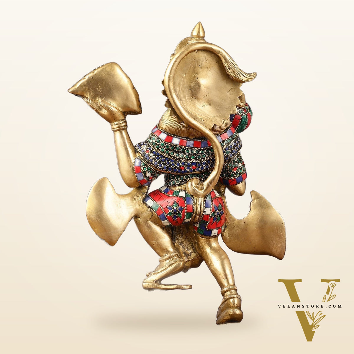 Pure Brass Lord Hanuman Sanjeevani Mountain Statue with Stonework - 15 inch