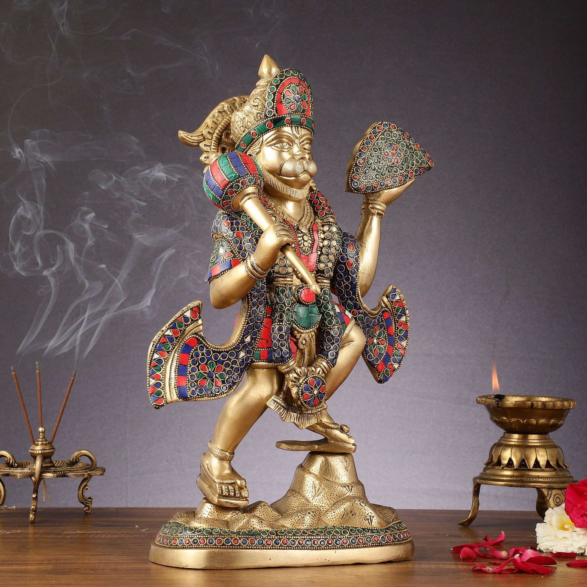 Pure Brass Lord Hanuman Sanjeevani Mountain Statue with Stonework - 15 inch