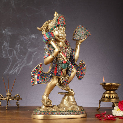 Pure Brass Lord Hanuman Sanjeevani Mountain Statue with Stonework - 15 inch