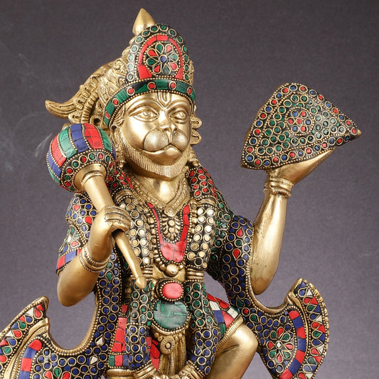 Pure Brass Lord Hanuman Sanjeevani Mountain Statue with Stonework - 15 inch