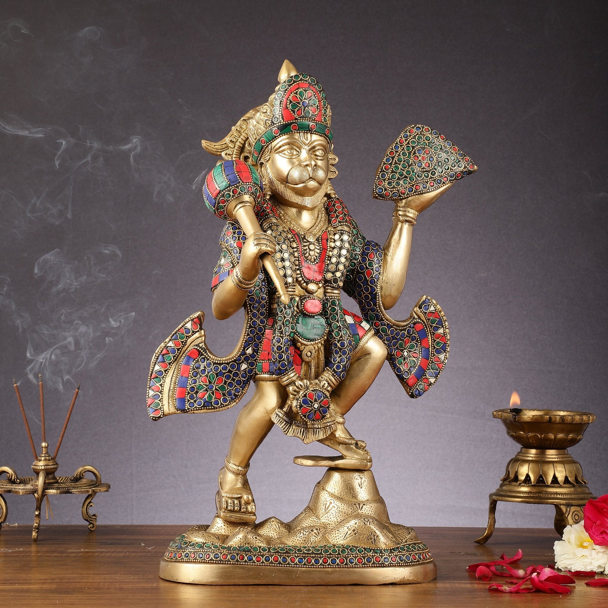 Pure Brass Lord Hanuman Sanjeevani Mountain Statue with Stonework - 15 inch