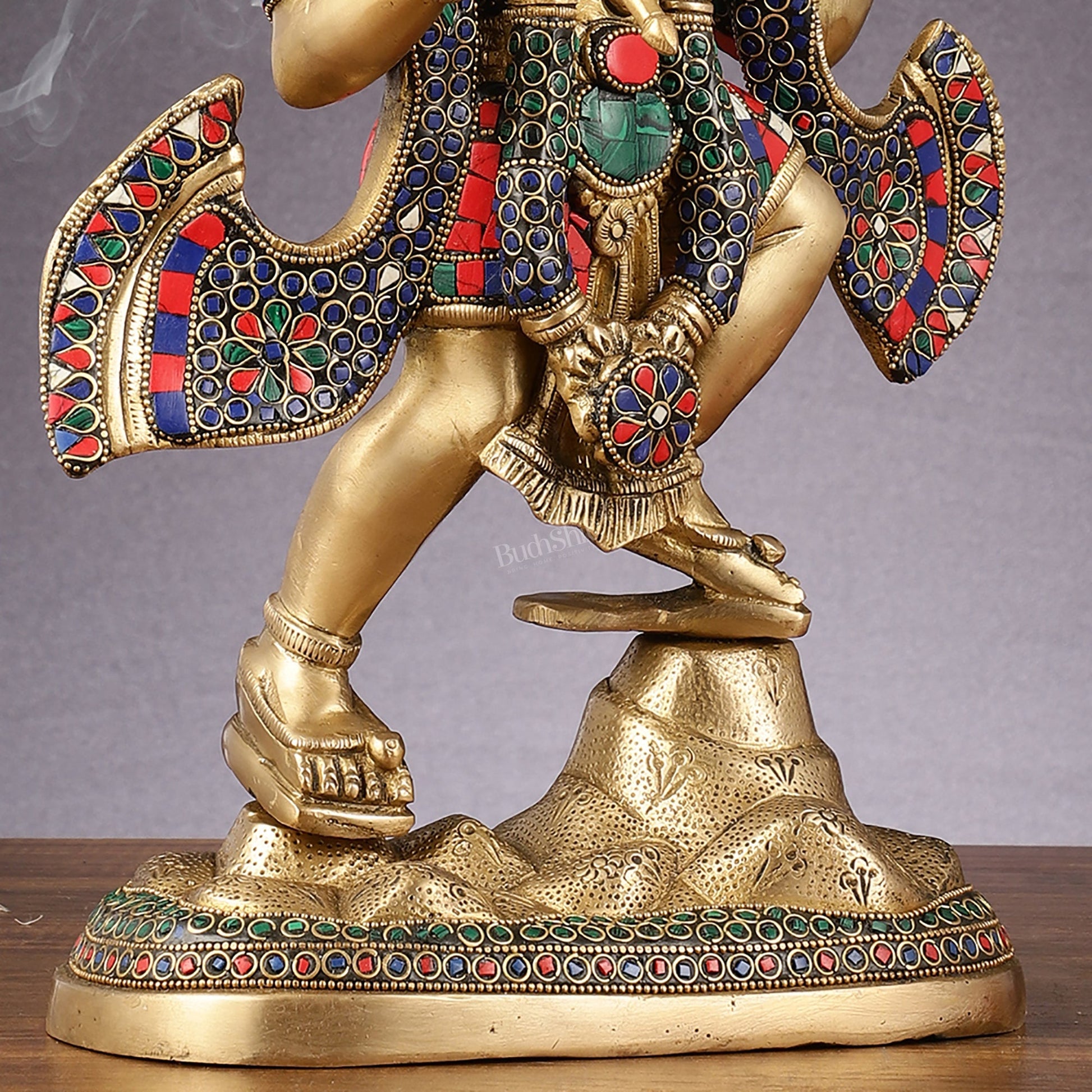 Pure Brass Lord Hanuman Sanjeevani Mountain Statue with Stonework - 15 inch