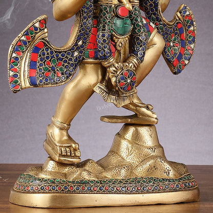 Pure Brass Lord Hanuman Sanjeevani Mountain Statue with Stonework - 15 inch