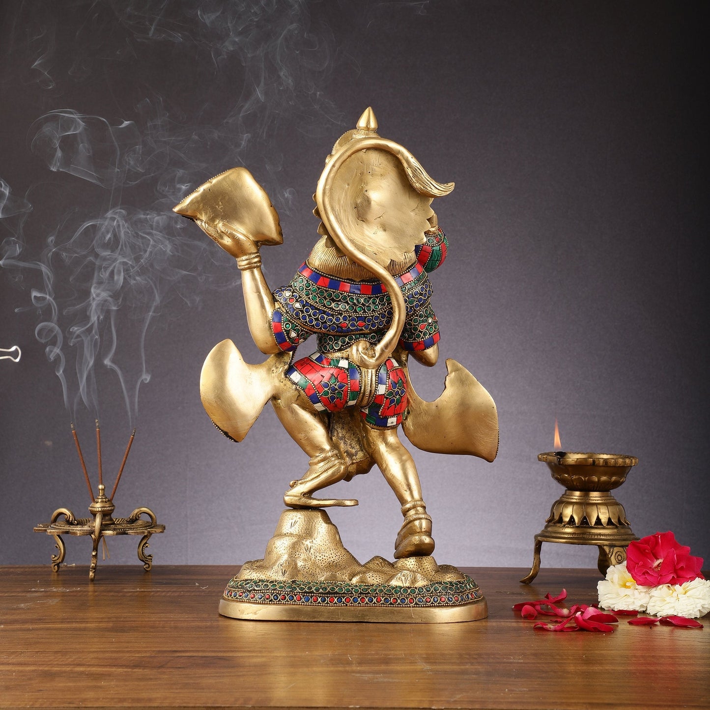 Pure Brass Lord Hanuman Sanjeevani Mountain Statue with Stonework - 15 inch