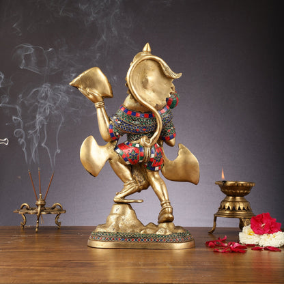 Pure Brass Lord Hanuman Sanjeevani Mountain Statue with Stonework - 15 inch