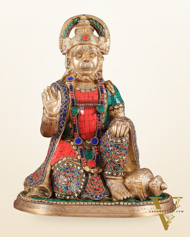 Pure Brass Lord Hanuman Statue - 13.5-Inch with stonework