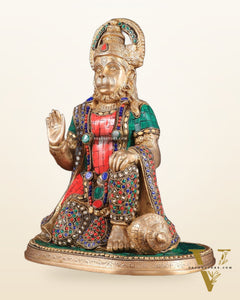 Pure Brass Lord Hanuman Statue - 13.5-Inch with stonework