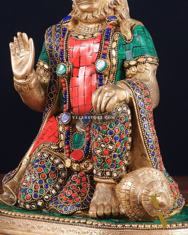 Pure Brass Lord Hanuman Statue - 13.5-Inch with stonework