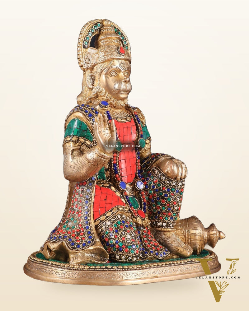 Pure Brass Lord Hanuman Statue - 13.5-Inch with stonework