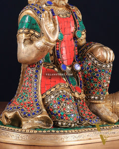 Pure Brass Lord Hanuman Statue - 13.5-Inch with stonework
