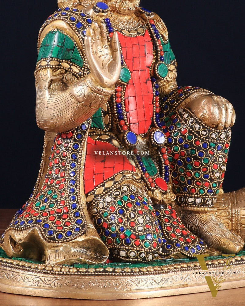 Pure Brass Lord Hanuman Statue - 13.5-Inch with stonework