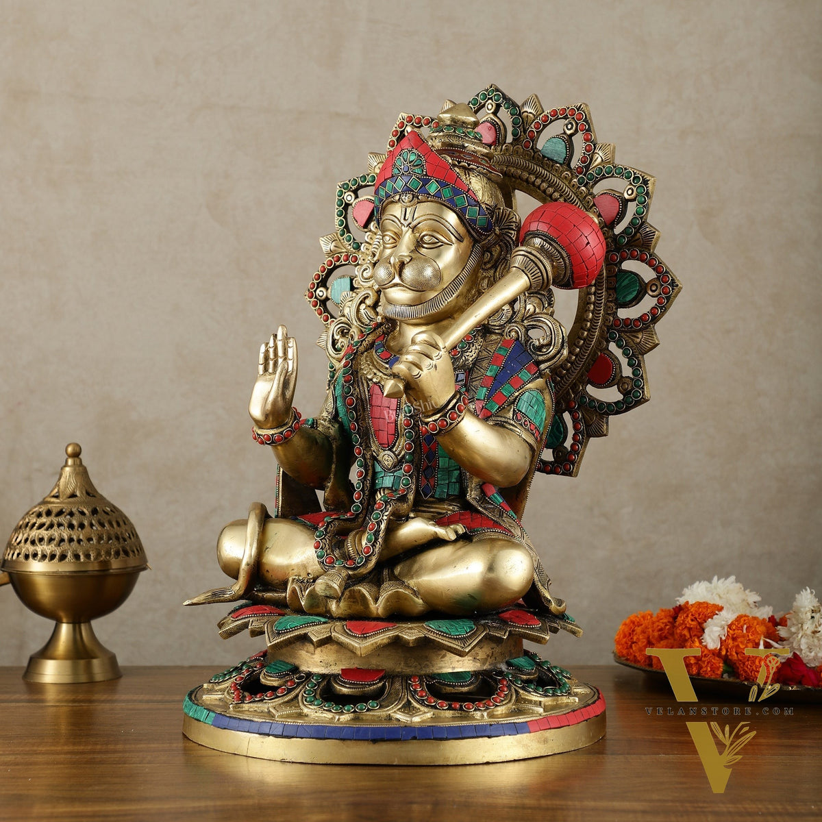Pure Brass Lord Hanuman Statue - 18 inch with Meenakari