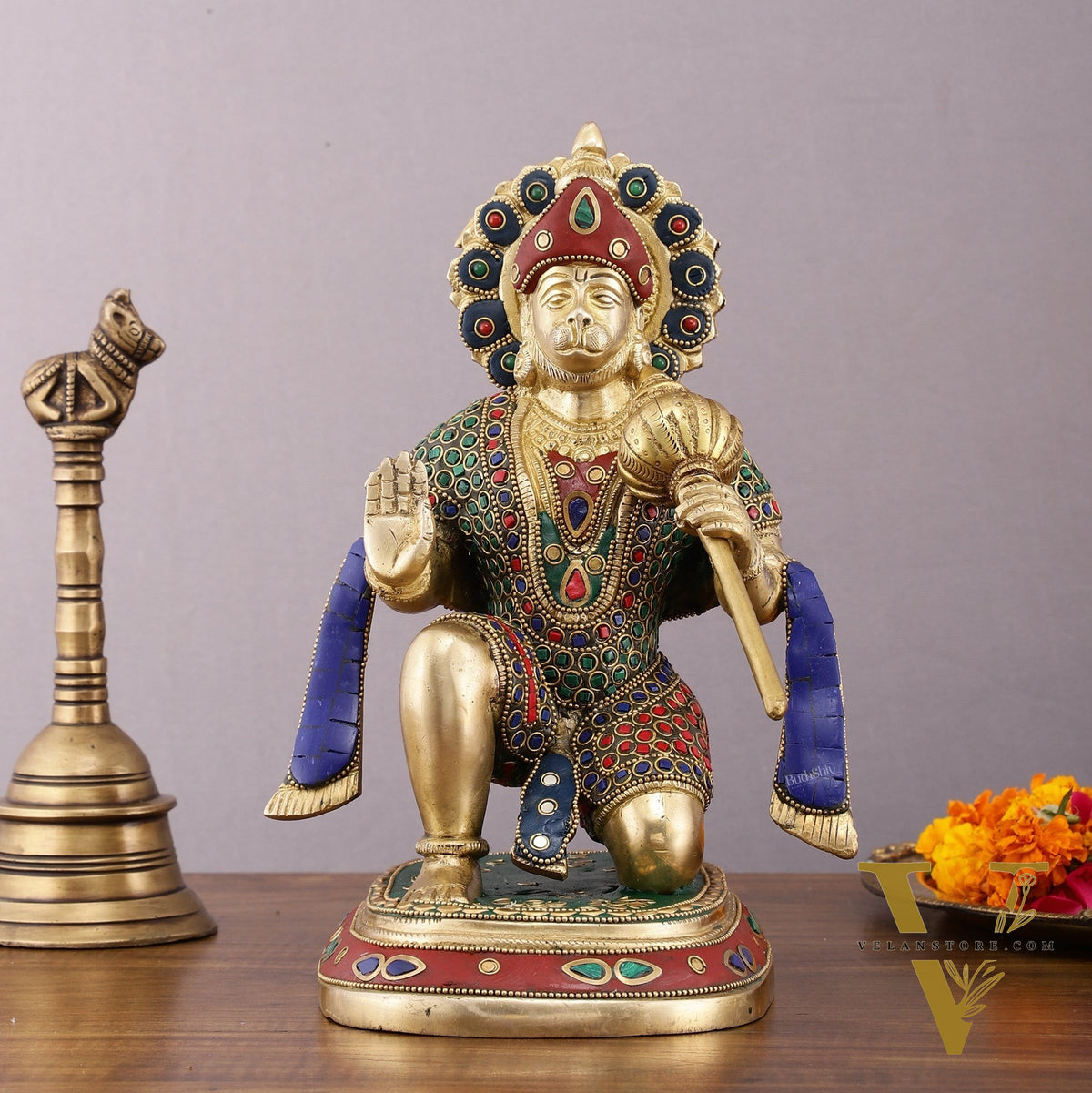 Pure Brass Lord Hanuman Statue with Crushed Stone Meenakari – 12 inch