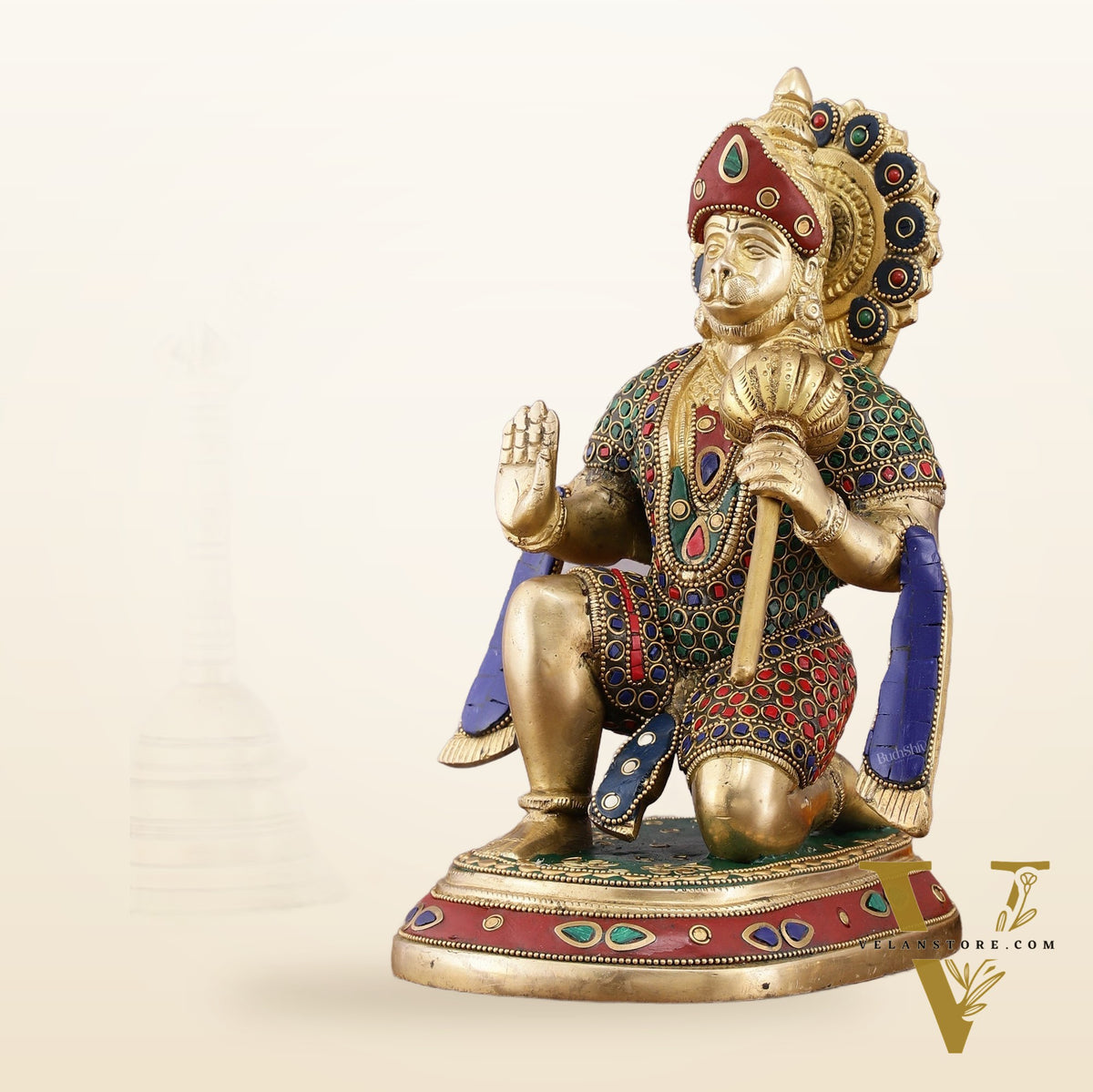 Pure Brass Lord Hanuman Statue with Crushed Stone Meenakari – 12 inch