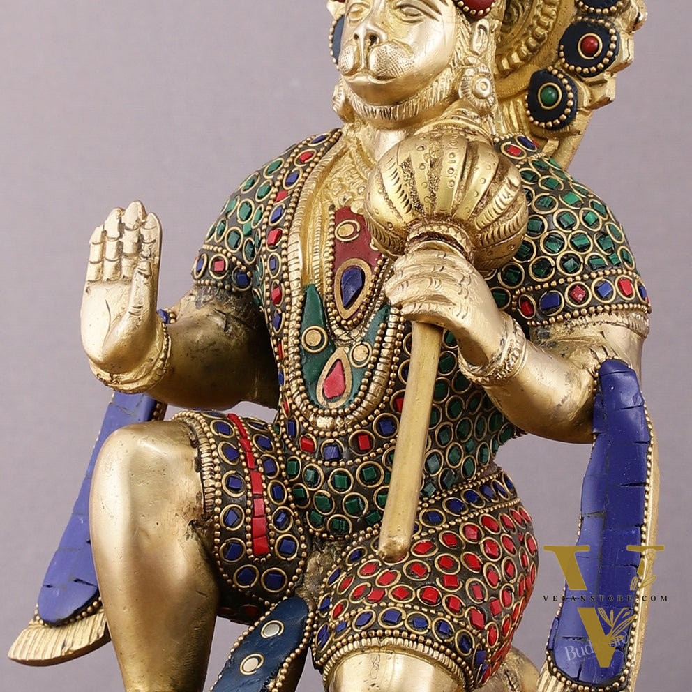 Pure Brass Lord Hanuman Statue with Crushed Stone Meenakari – 12 inch
