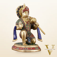 Pure Brass Lord Hanuman Statue with Crushed Stone Meenakari – 12 inch