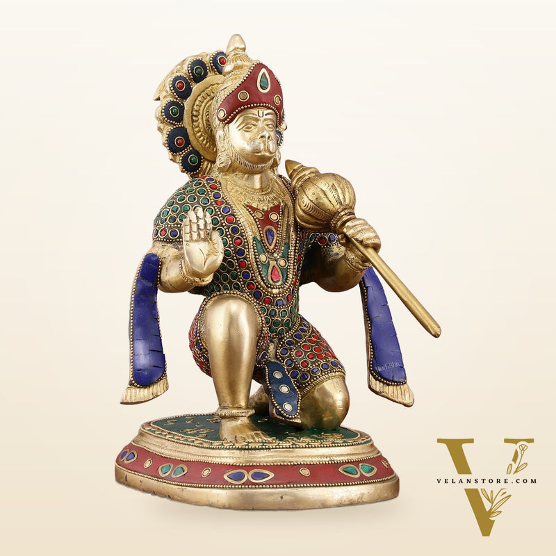 Pure Brass Lord Hanuman Statue with Crushed Stone Meenakari – 12 inch