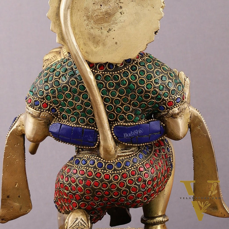 Pure Brass Lord Hanuman Statue with Crushed Stone Meenakari – 12 inch