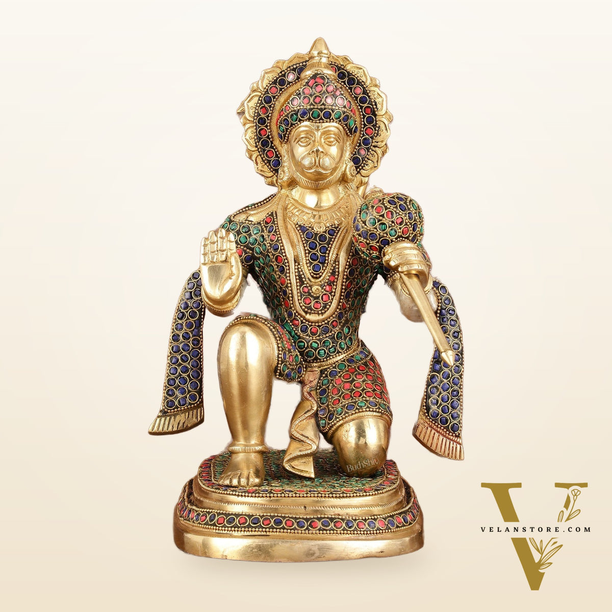 Pure Brass Lord Hanuman Statue with Stonework - 12"
