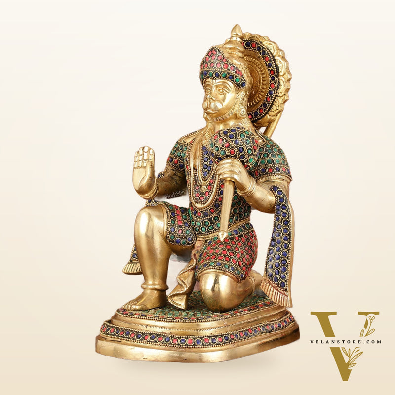 Pure Brass Lord Hanuman Statue with Stonework - 12"