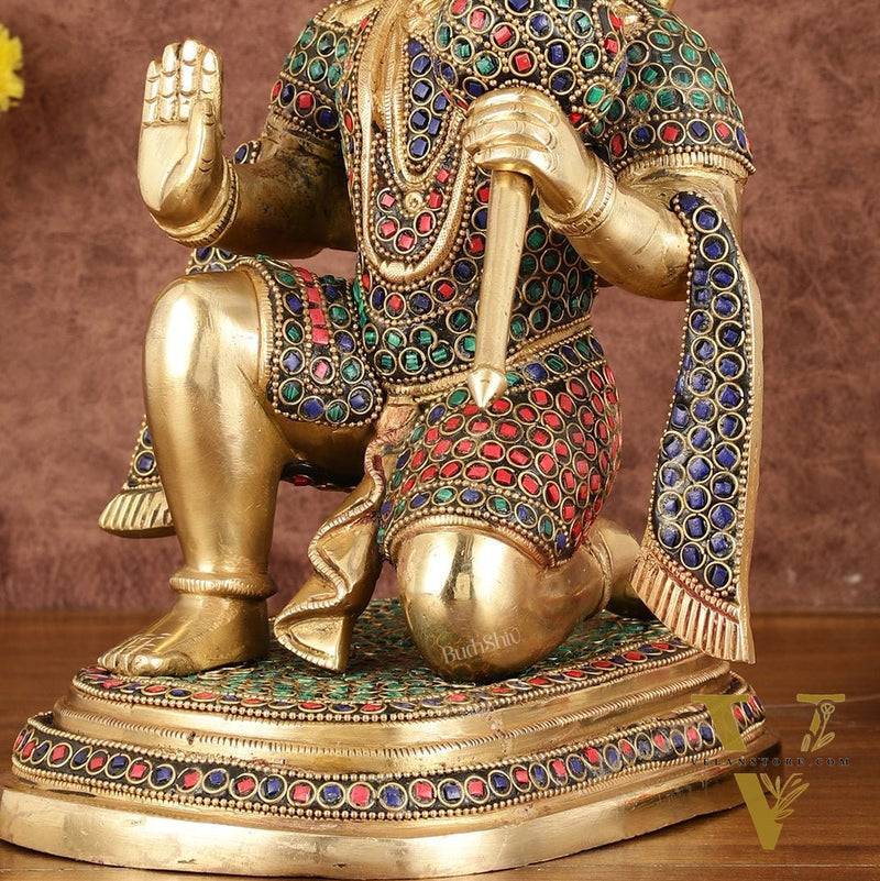 Pure Brass Lord Hanuman Statue with Stonework - 12"