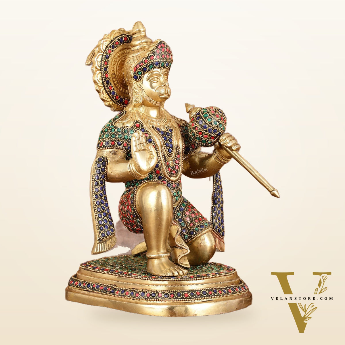Pure Brass Lord Hanuman Statue with Stonework - 12"