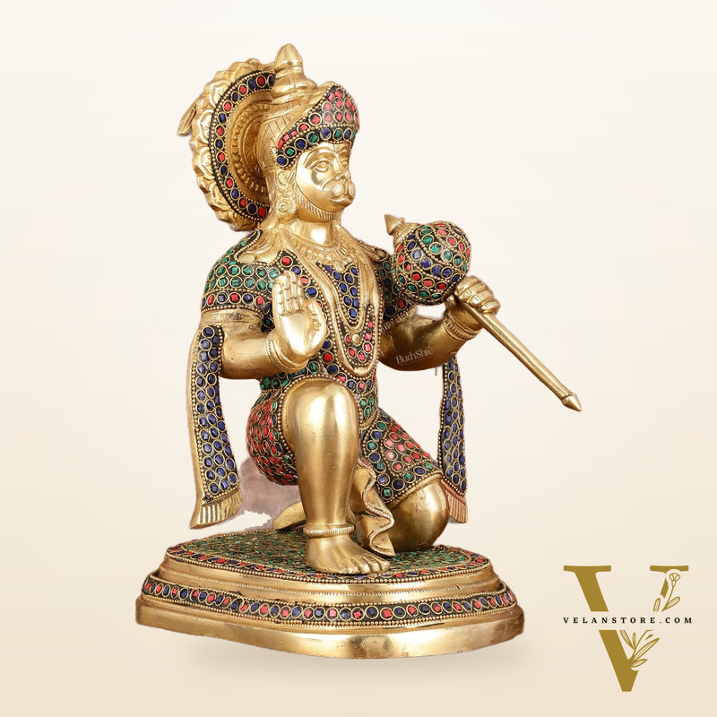 Pure Brass Lord Hanuman Statue with Stonework - 12"